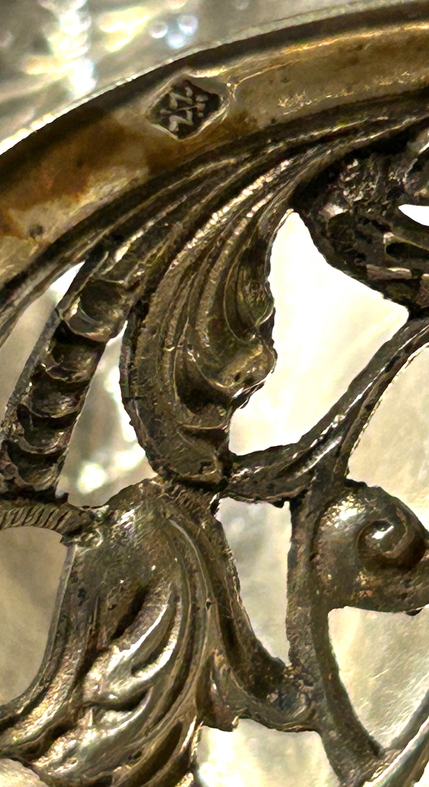 SILVER FANCY RETICULATED SERVING FORK AND SPOON WITH SHIP FINIALS