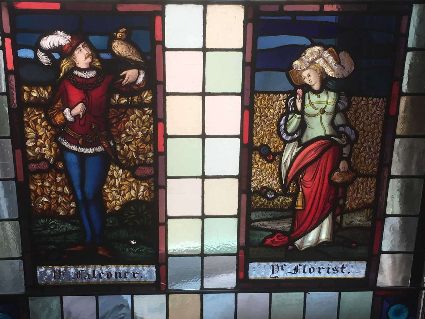 ANTIQUE FIGURAL STAINED GLASS WINDOW WITH FALCONER AND MAIDEN