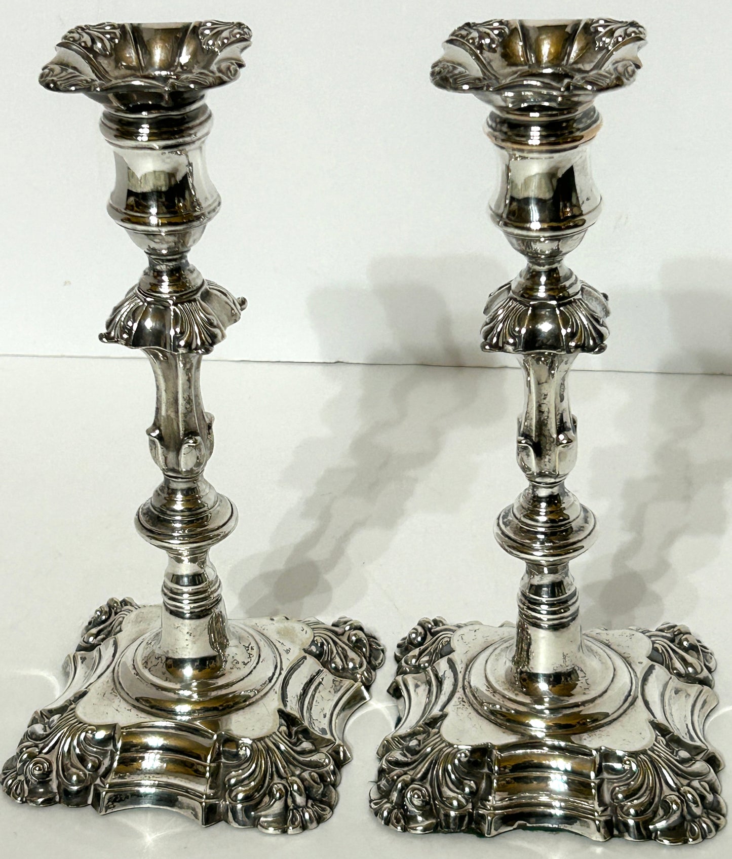 ANTIQUE SHEFFIELD SILVER CANDLESTICKS PAIR BY T. J. CRESWICK
