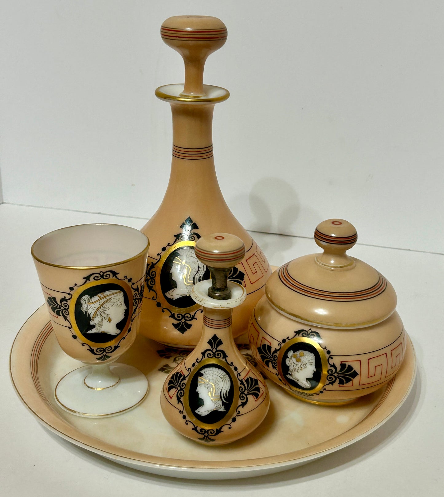 ANTIQUE OPAL GLASS DRESSER SET WITH CLASSICAL DESIGN