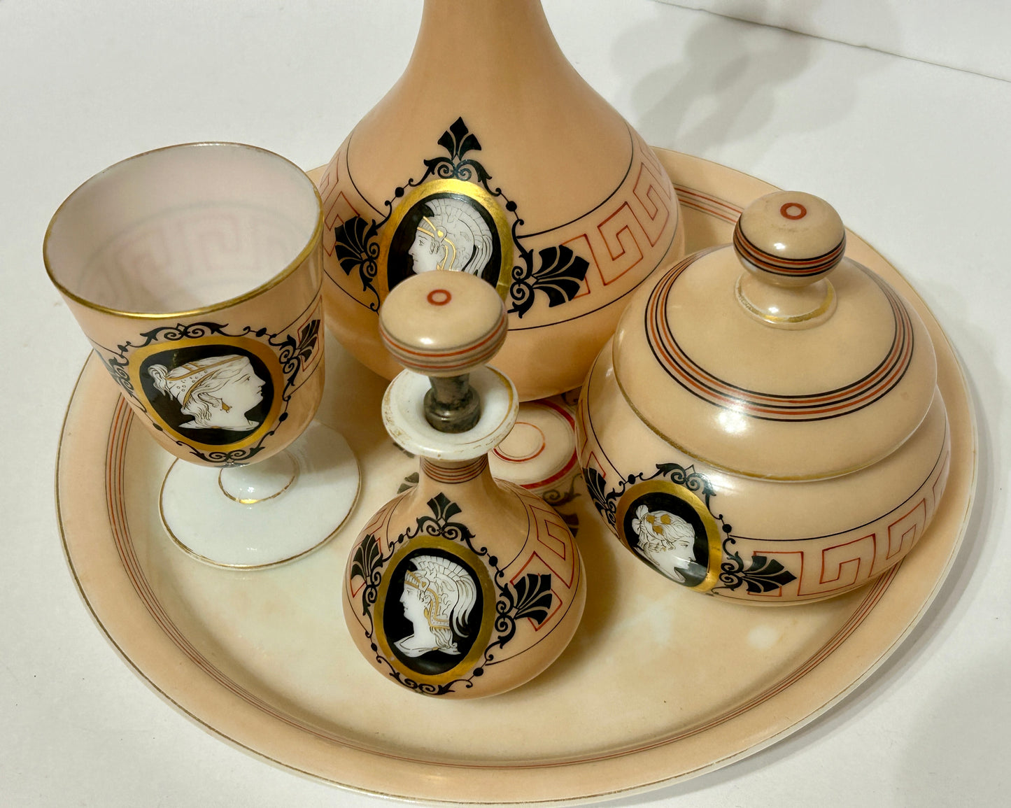 ANTIQUE OPAL GLASS DRESSER SET WITH CLASSICAL DESIGN