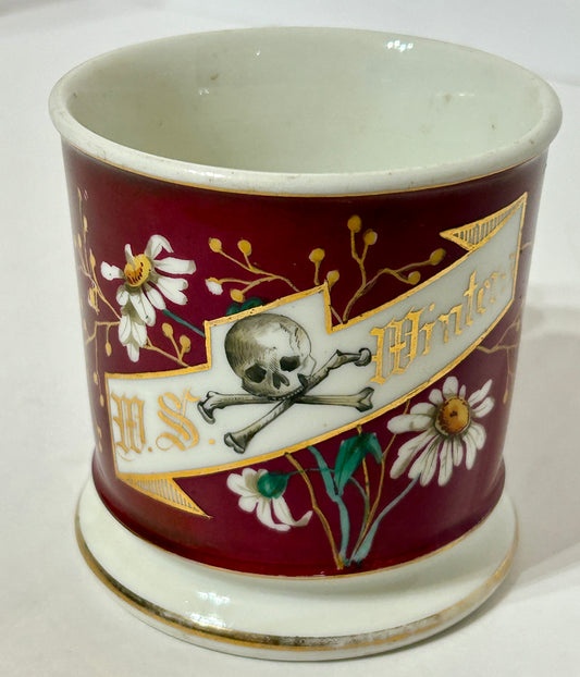 ANTIQUE OCCUPATIONAL SHAVING MUG WITH SKULL AND CROSSBONES
