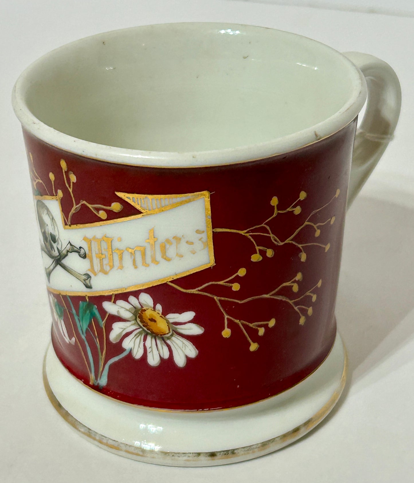 ANTIQUE OCCUPATIONAL SHAVING MUG WITH SKULL AND CROSSBONES