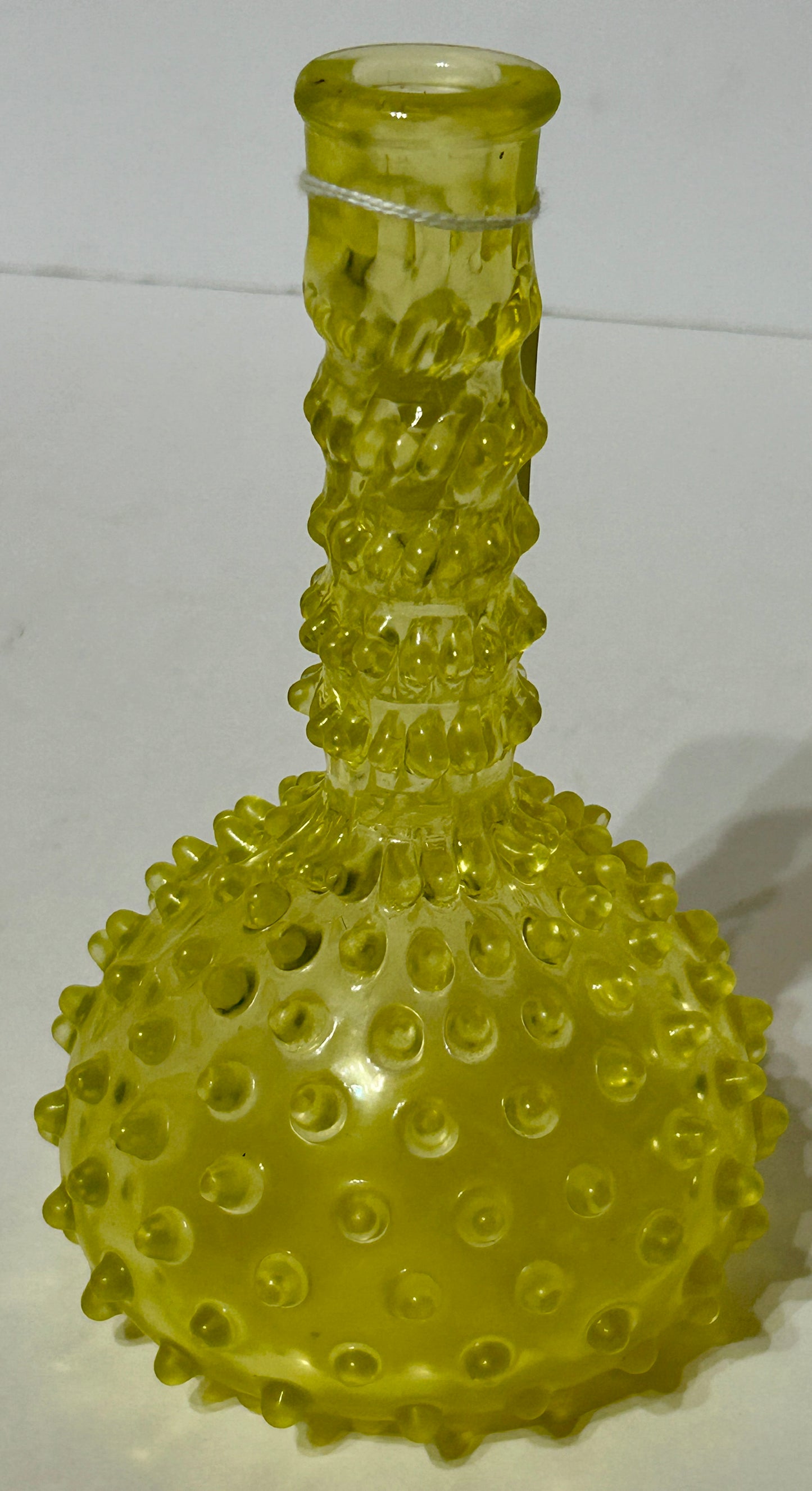 BARBER BOTTLE OF YELLOW VASELINE HOBNAIL GLASS