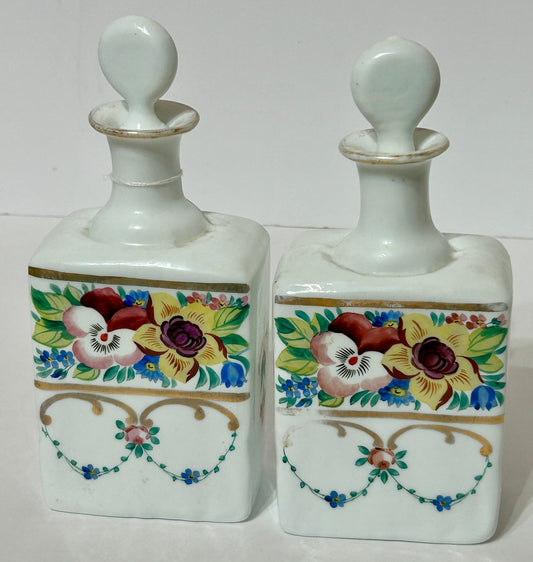ANTIQUE BARBER PAIR OF HAND PAINTED BOTTLES