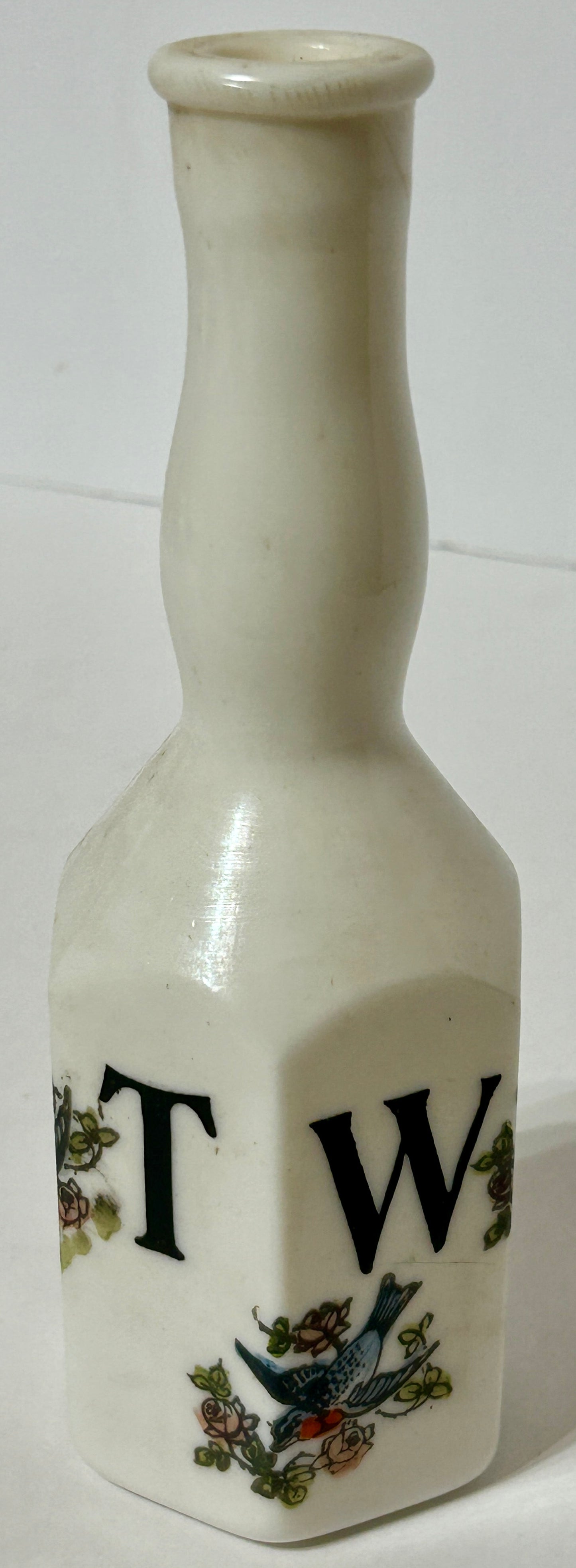 ANTIQUE TOILET WATER BARBER BOTTLE OF DECORATED MILK GLASS