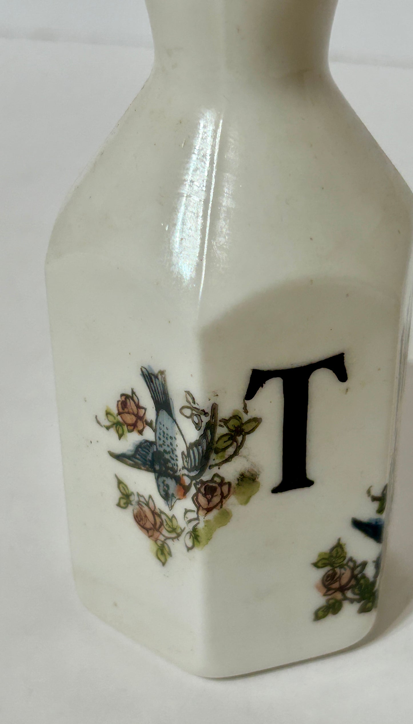 ANTIQUE TOILET WATER BARBER BOTTLE OF DECORATED MILK GLASS