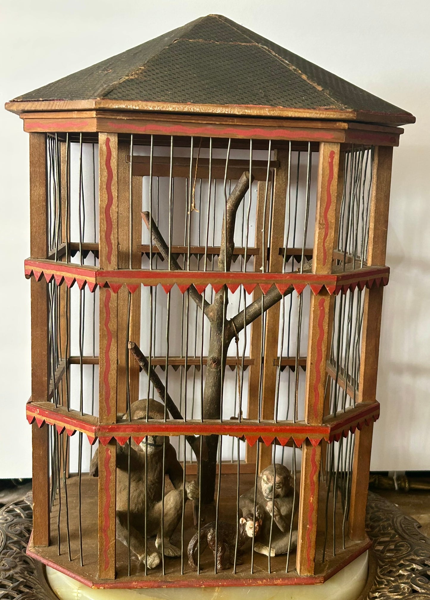 FOLK ART ANTIQUE PAINT DECORATED MONKEY CAGE