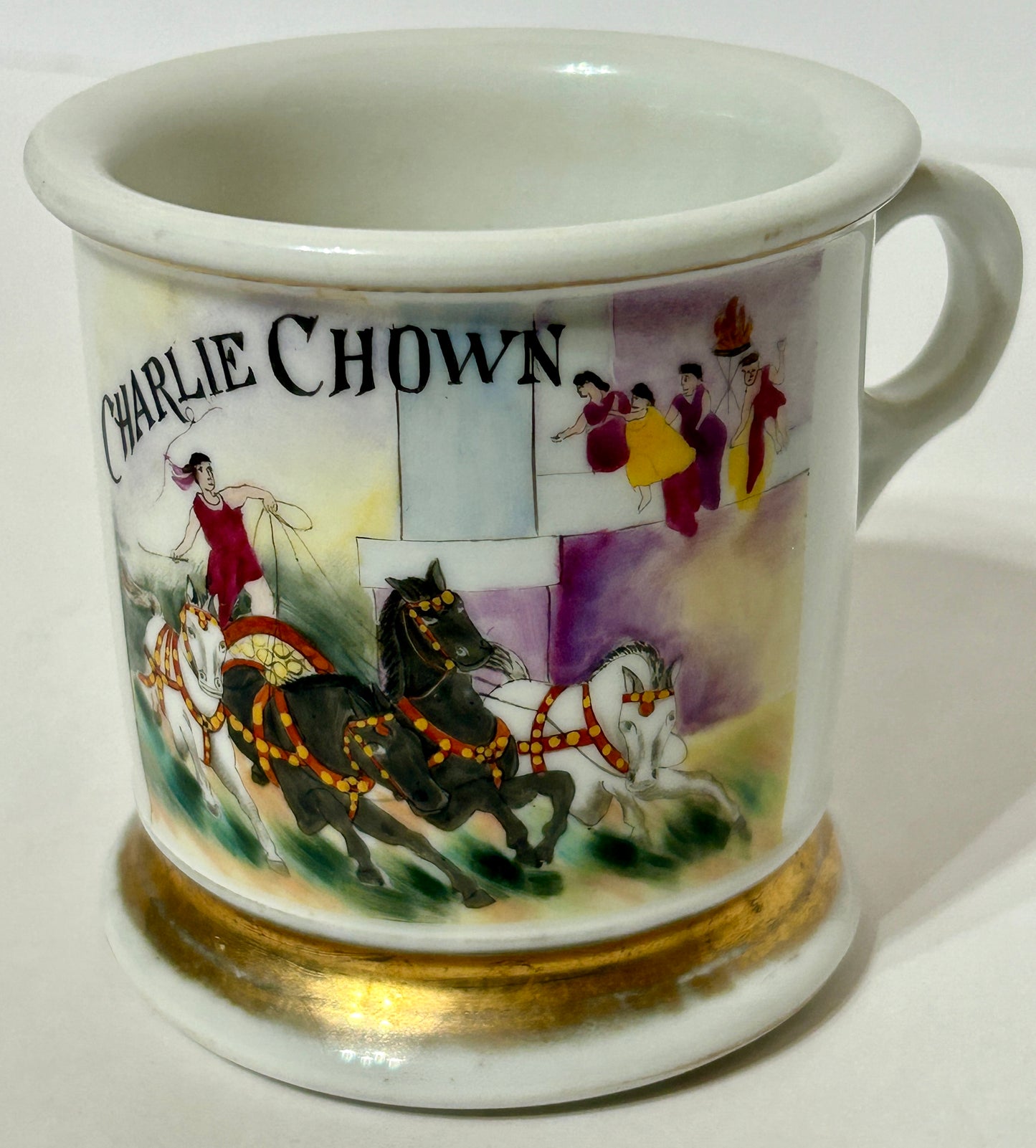 ANTIQUE OCCUPATIONAL SHAVING MUG WITH RARE HORSE DRAWN CHARIOT