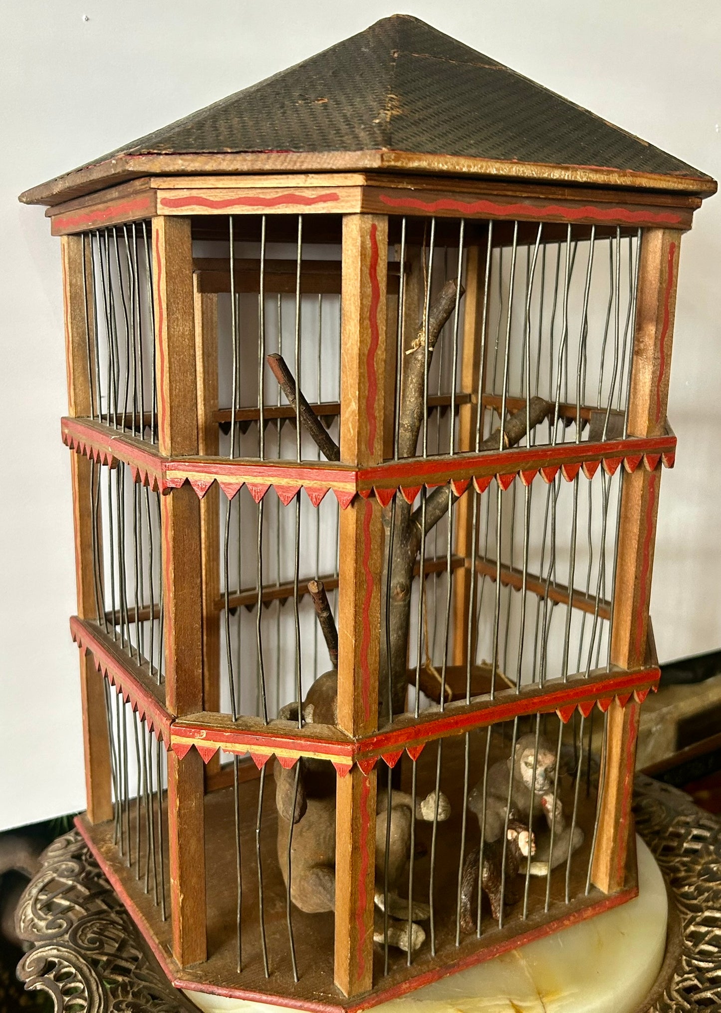 FOLK ART ANTIQUE PAINT DECORATED MONKEY CAGE