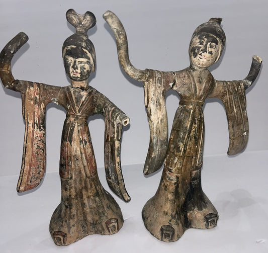 TANG DYNASTY ANCIENT PAIR OF CHINESE TERRACOTTA FEMALE DANCERS 618-907 AD