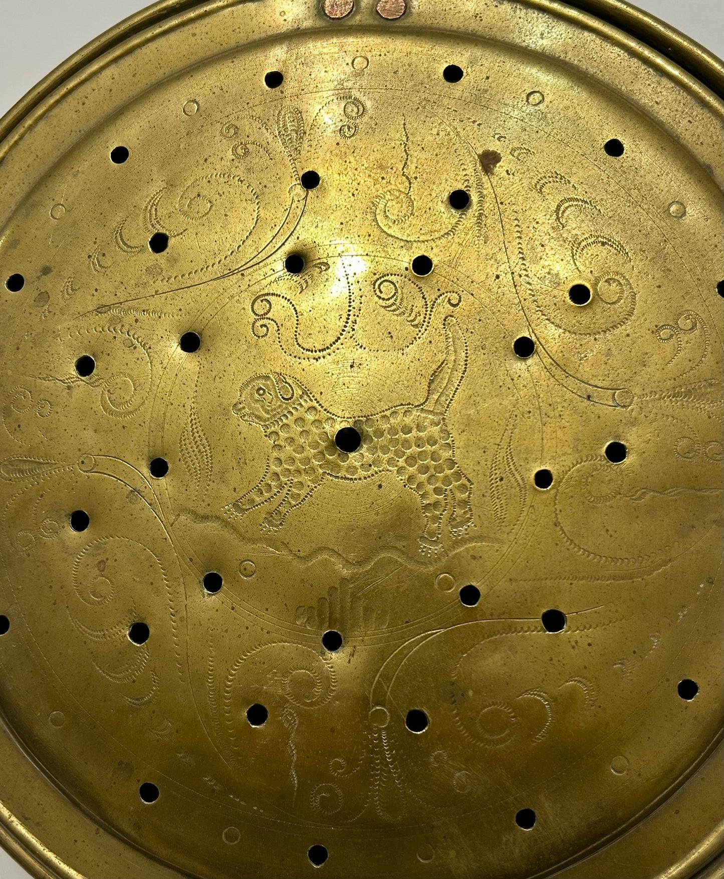 ANTIQUE BRASS FANCY ANIMAL DECORATED BED WARMER