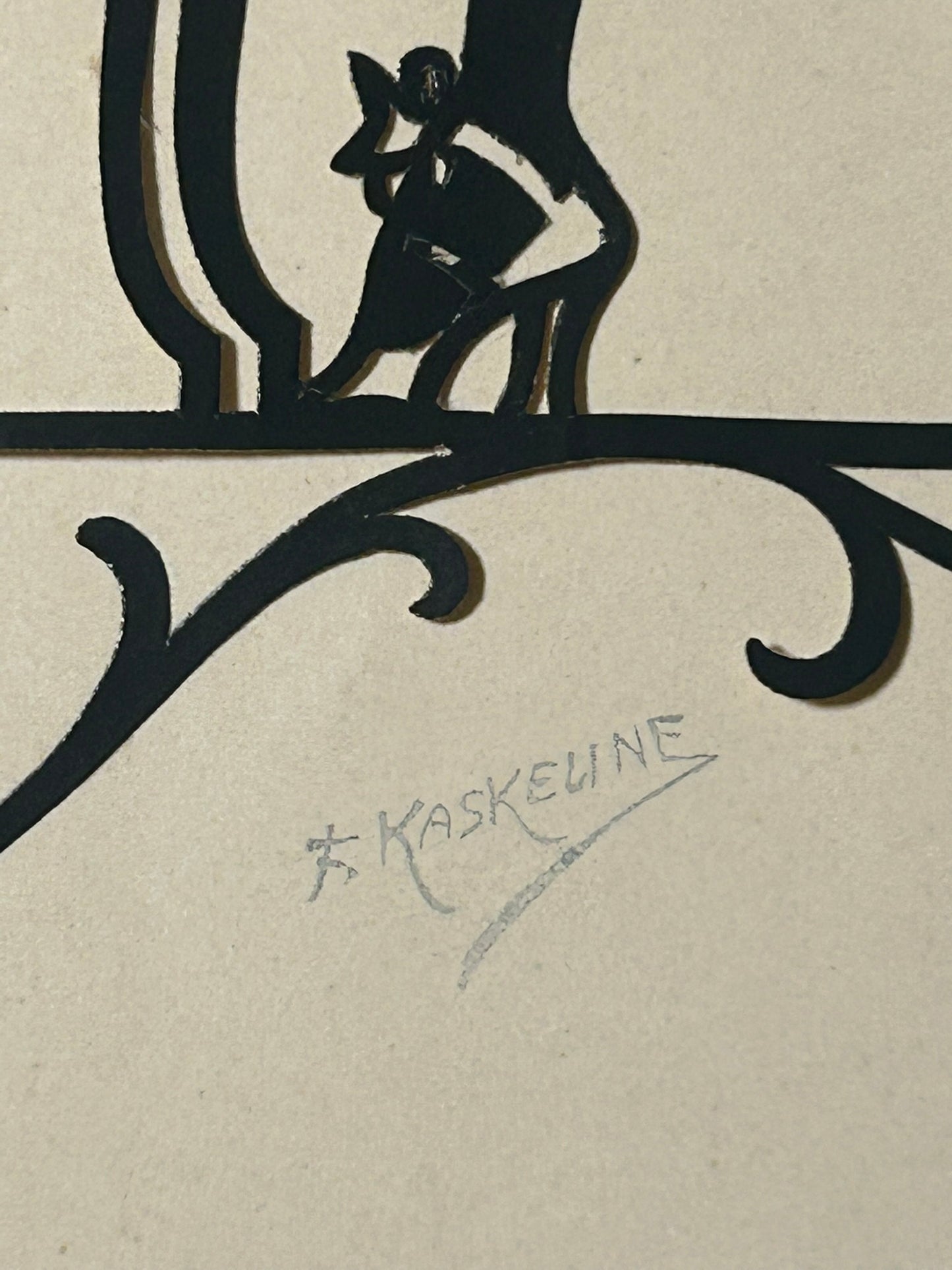 F. KASKELINE CUT OUT ART 1920'S SILHOUETTE OF DECO GIRL ADJUSTING SHOES