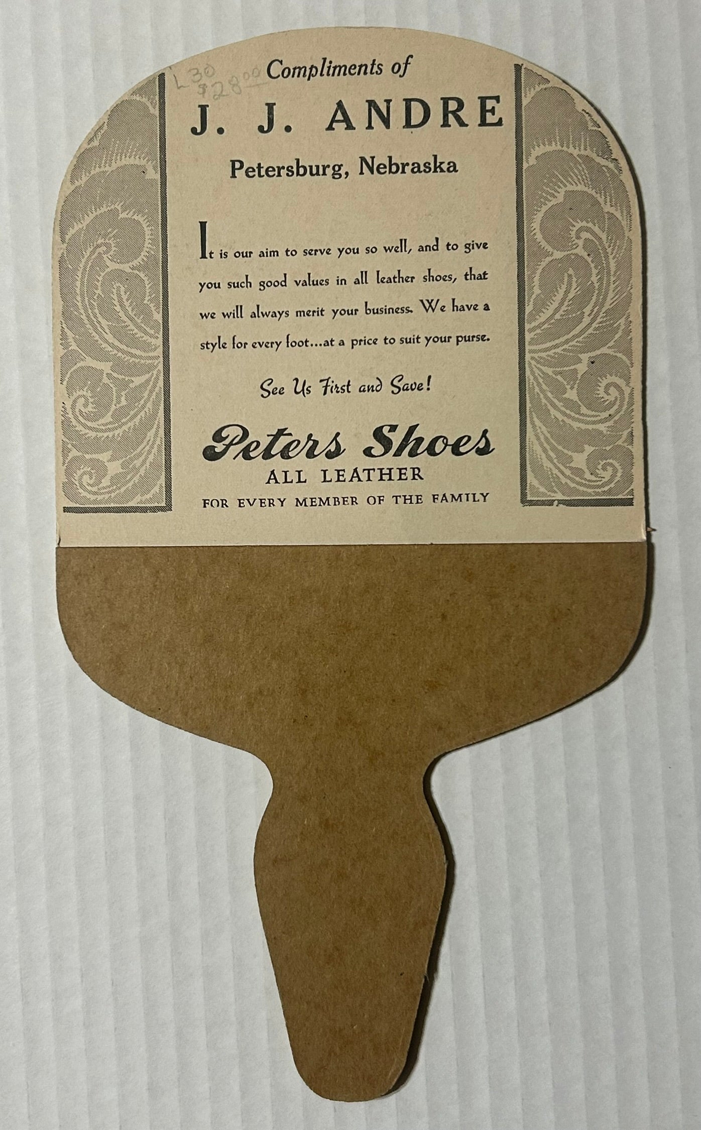 PETERSBURG NEBRASKA ADVERTISING FAN FOR PETERS SHOES