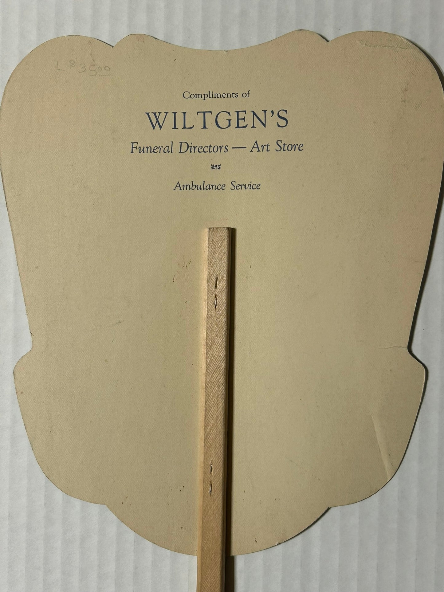 MAGIC OF DAWN ILLUSTRATED ADVERTISING FAN FOR WILTGENS FUNERAL DIRECTORS