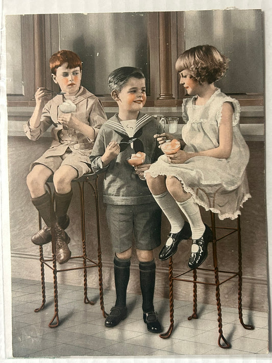CHILDREN AT SODA FOUNTAIN ANTIQUE PRINT FOR ADVERTISING PURPOSES