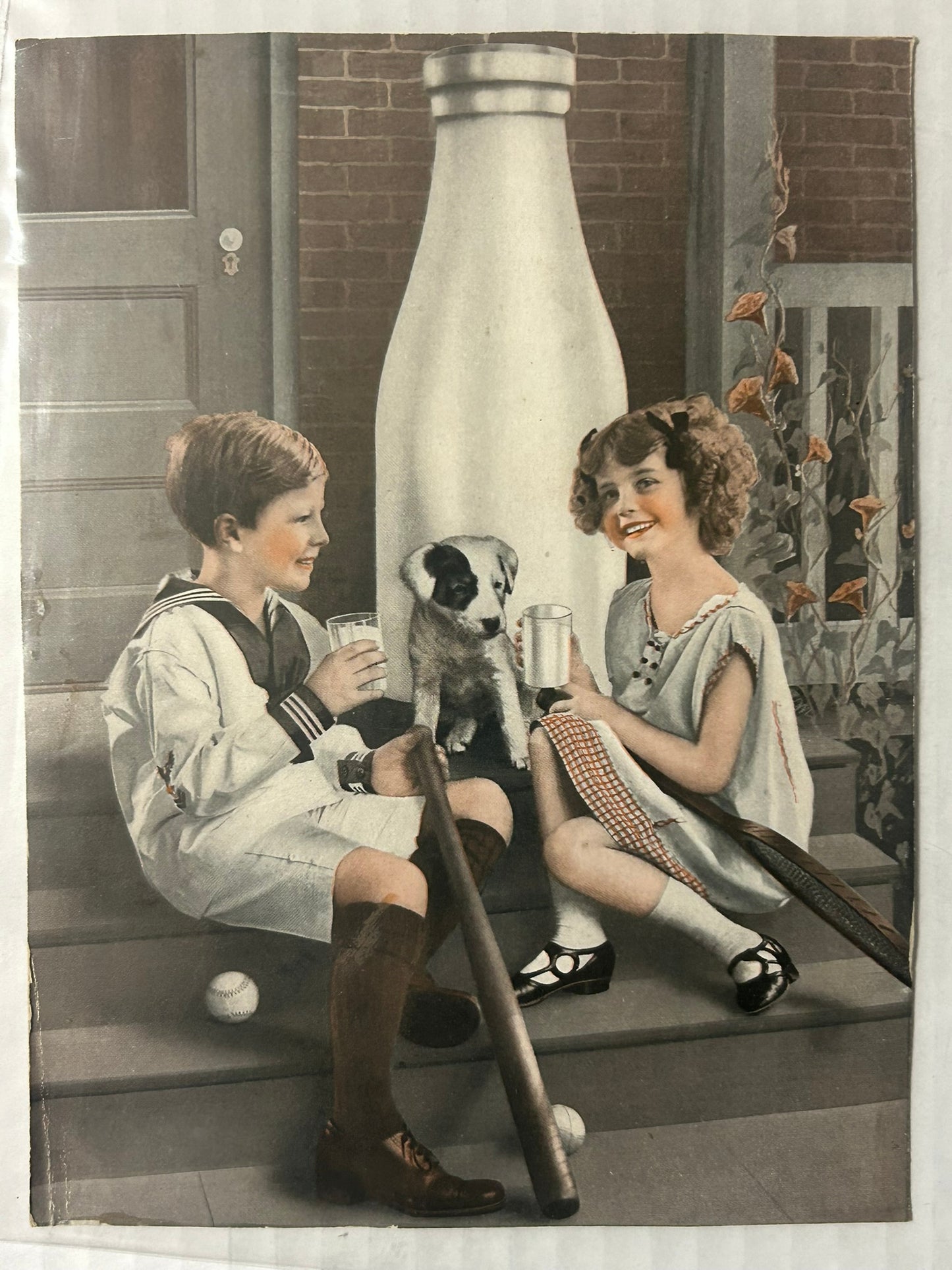 ANTIQUE AD ILLUSTRATION OF BOY AND GIRL BESIDE GIANT MILK BOTTLE