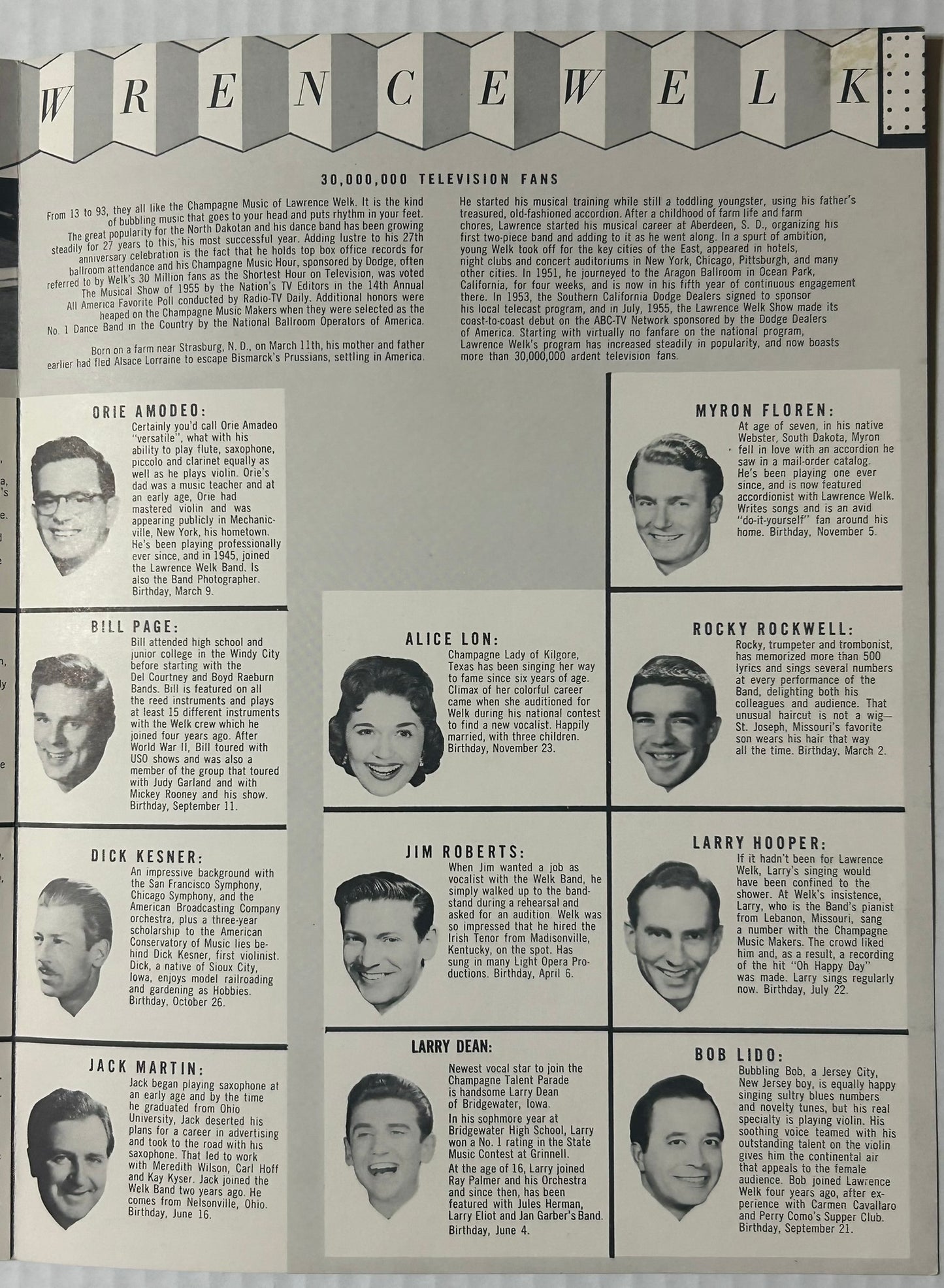 LAWRENCE WELK EARLY PROGRAM SHOWING ORCHESTRA MEMBERS
