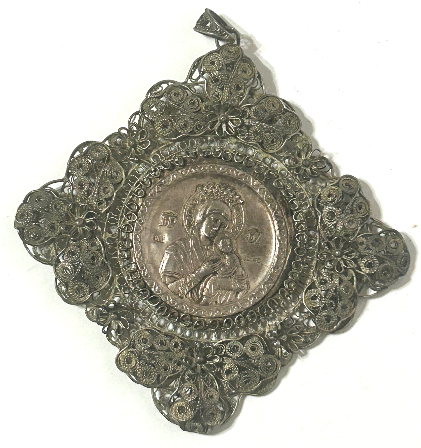 ANTIQUE SILVER  LARGE ORTHODOX VIRGIN MARY PENDANT