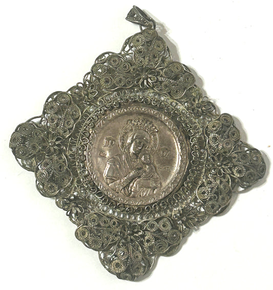 ANTIQUE SILVER  LARGE ORTHODOX VIRGIN MARY PENDANT