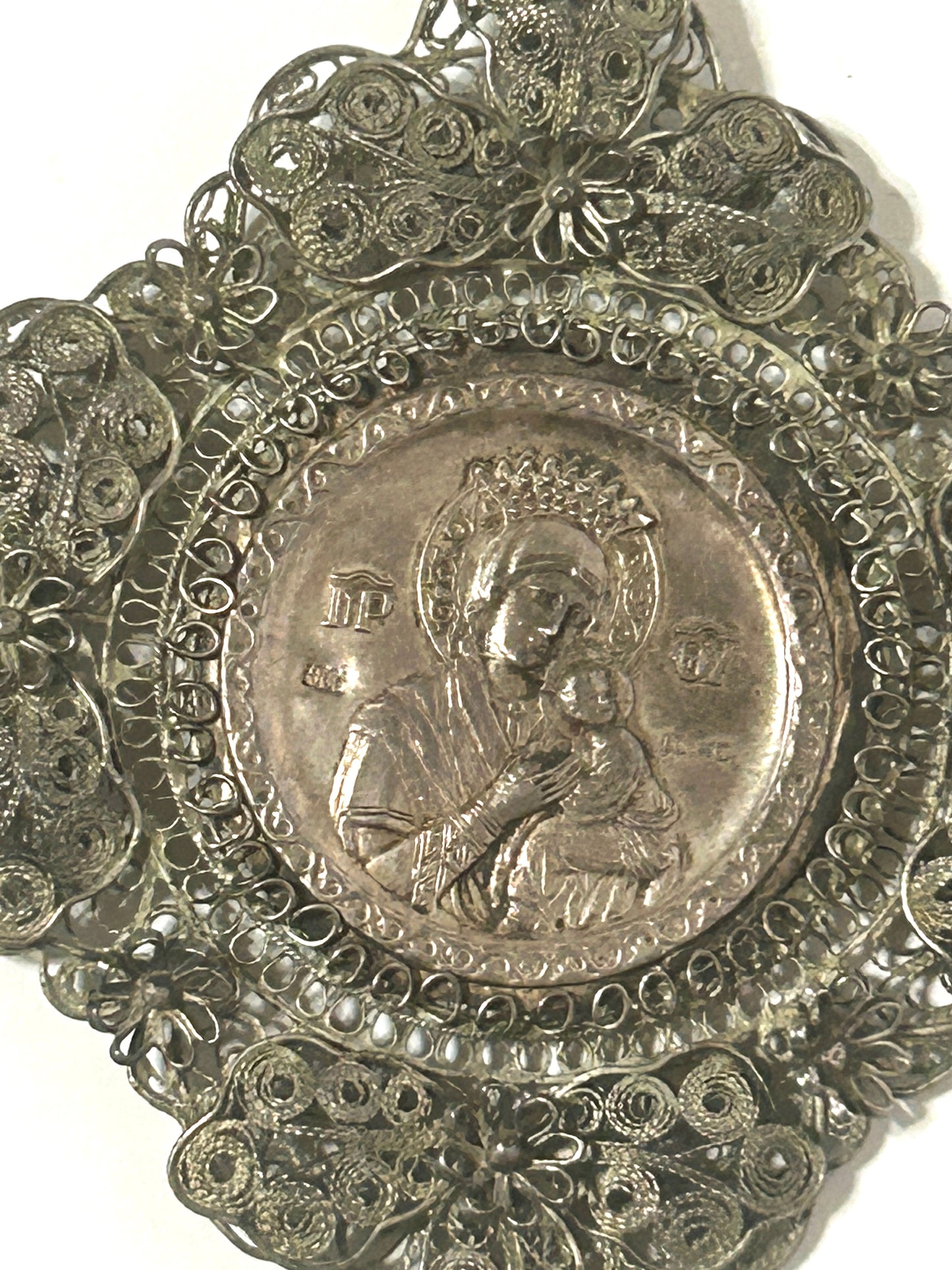 ANTIQUE SILVER  LARGE ORTHODOX VIRGIN MARY PENDANT