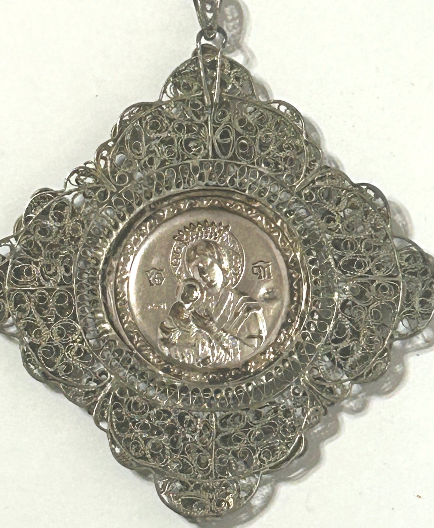 ANTIQUE SILVER  LARGE ORTHODOX VIRGIN MARY PENDANT