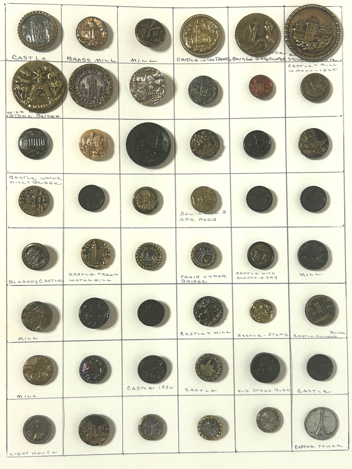 ANTIQUE BUTTON COLLECTION OF BUTTONS WITH BUILDINGS ON THEM