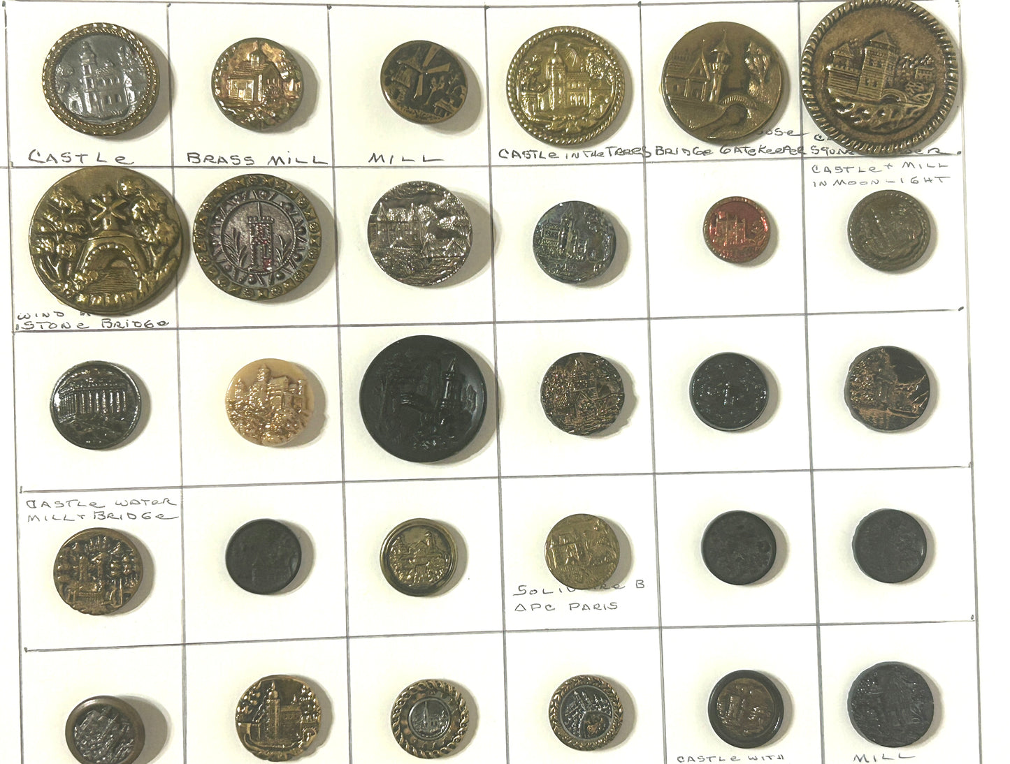 ANTIQUE BUTTON COLLECTION OF BUTTONS WITH BUILDINGS ON THEM