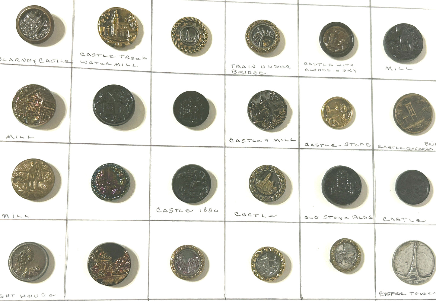 ANTIQUE BUTTON COLLECTION OF BUTTONS WITH BUILDINGS ON THEM