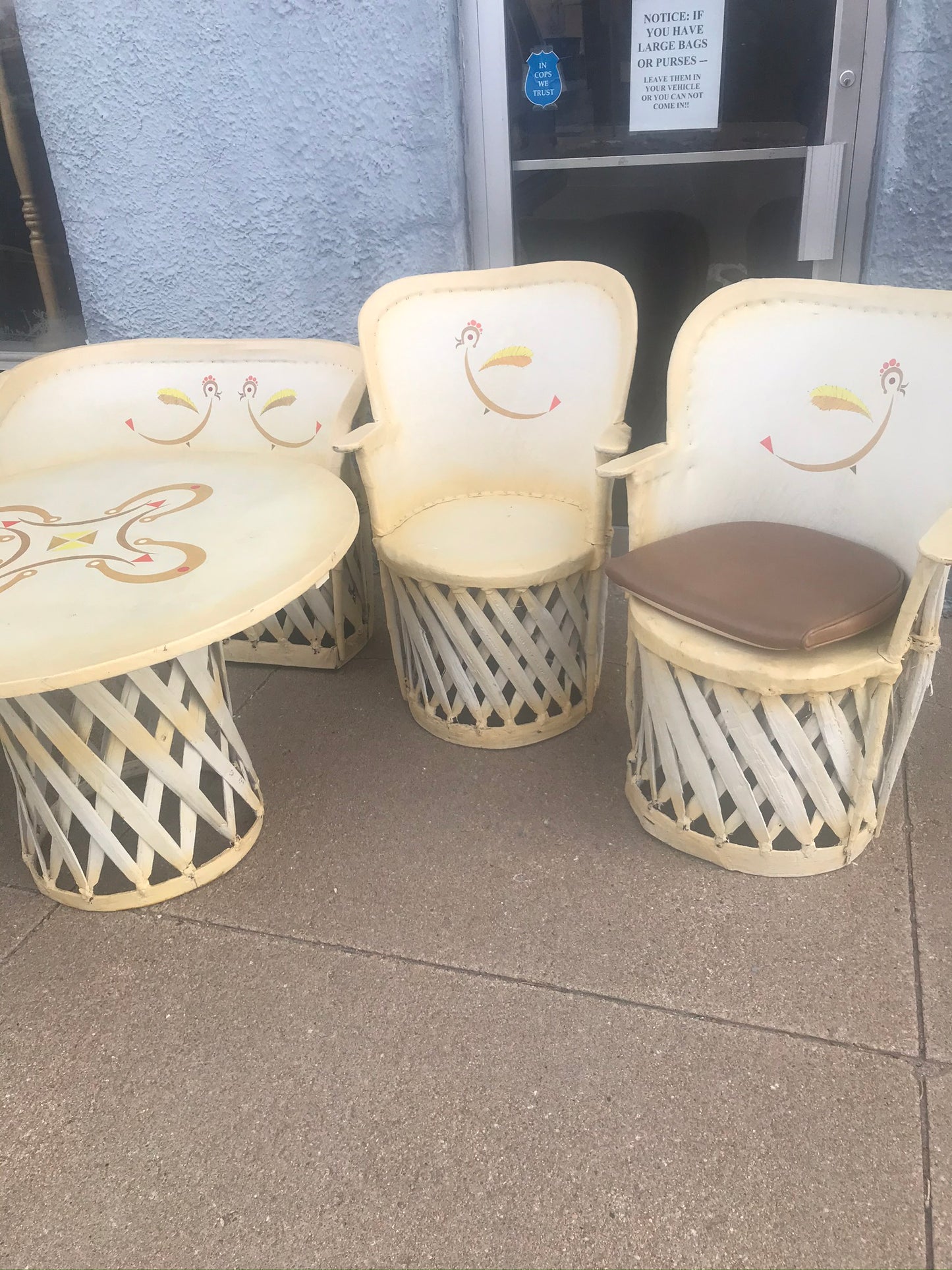 1950's LARGE SET OF PIG SKIN UPHOLSTERED FURNITURE WITH NATIVE AMERICAN MOTIFS