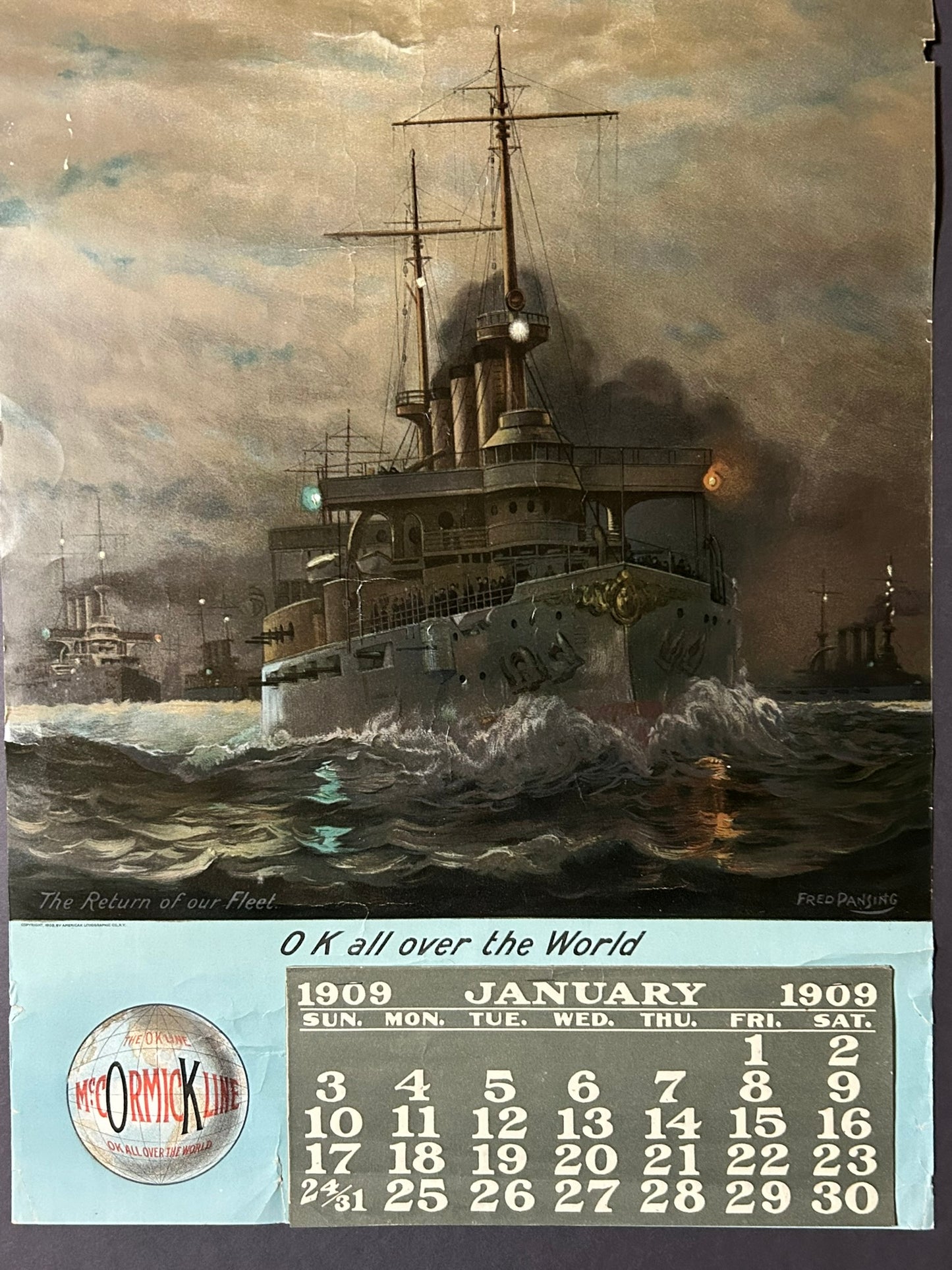 MCCORMICK LINE ADVERTISING 1909 CALENDAR WITH SHIP