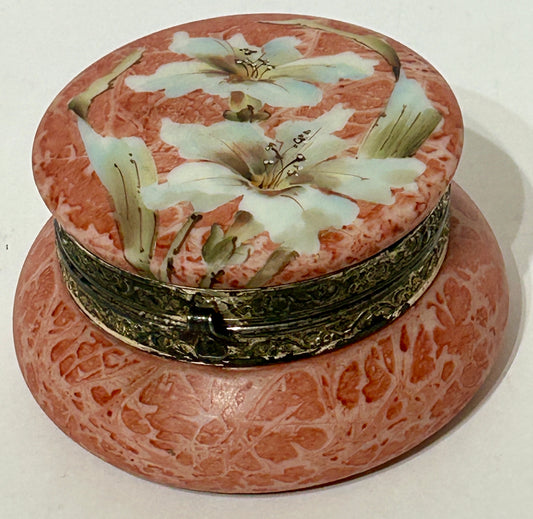 KELVA GLASS CORAL COLOR FLORAL DECORATED DRESSER BOX