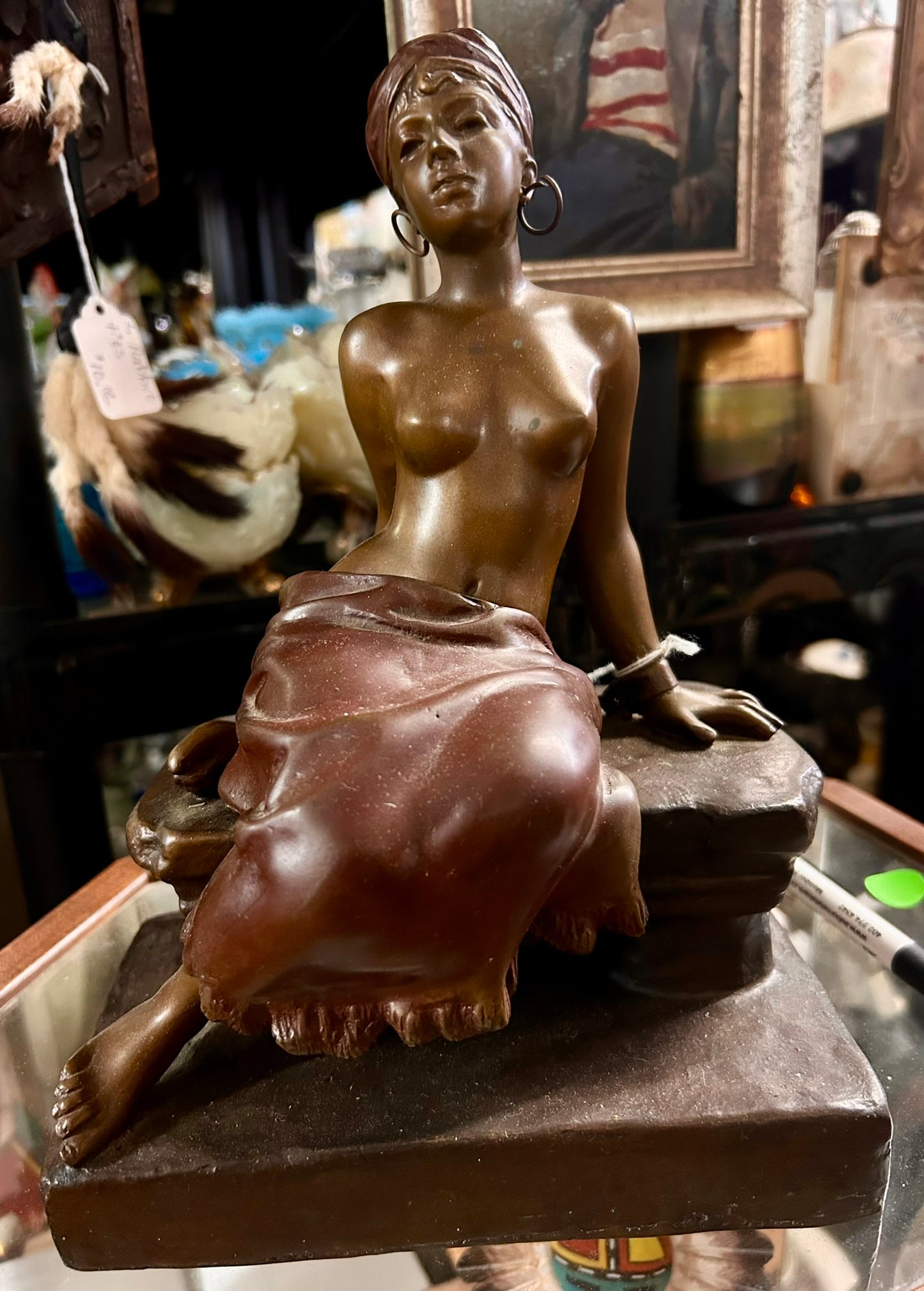 BRONZE ANTIQUE FIGURAL FEMALE NUDE SIGNED VILLANIS WITH REMOVEABLE SKIRT
