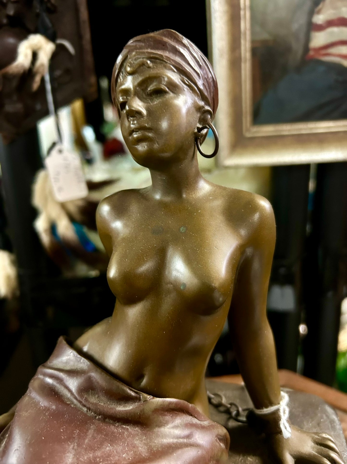 BRONZE ANTIQUE FIGURAL FEMALE NUDE SIGNED VILLANIS WITH REMOVEABLE SKIRT