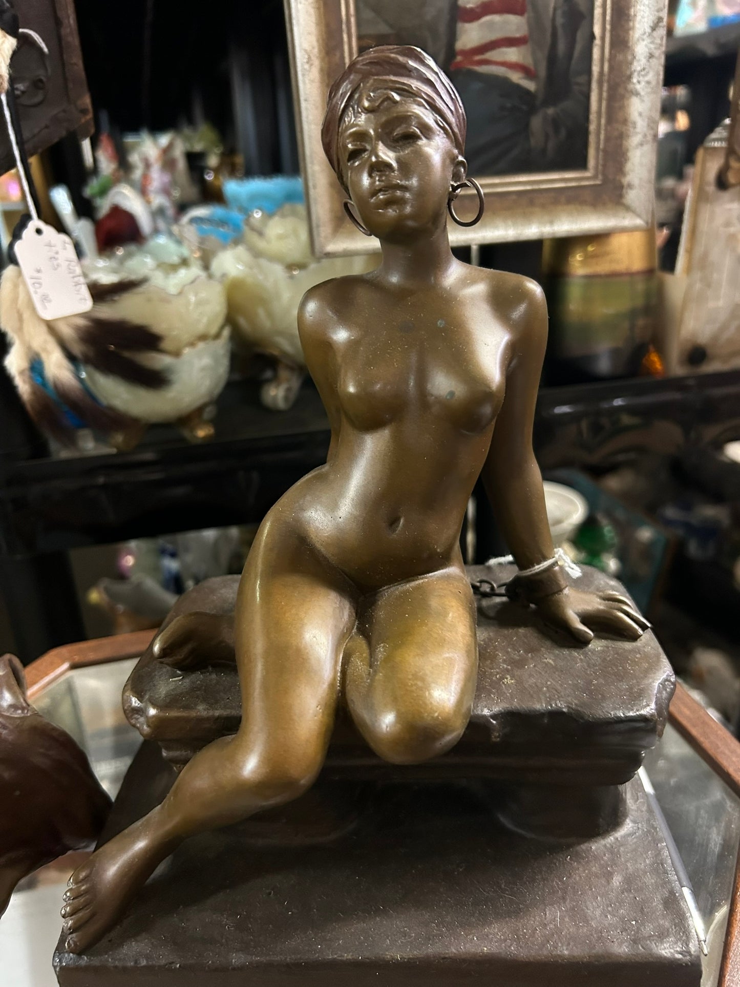 BRONZE ANTIQUE FIGURAL FEMALE NUDE SIGNED VILLANIS WITH REMOVEABLE SKIRT