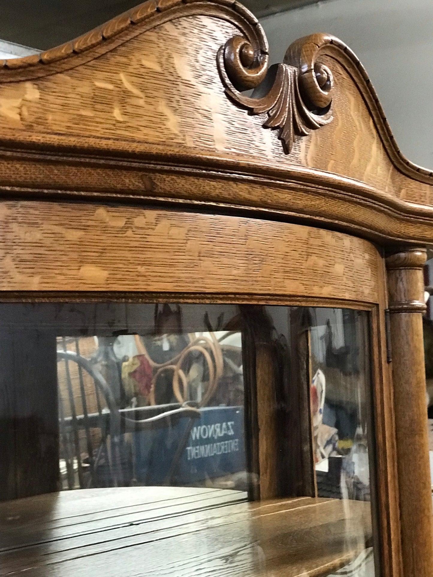 CURVED GLASS ANTIQUE OAK CHINA CABINET