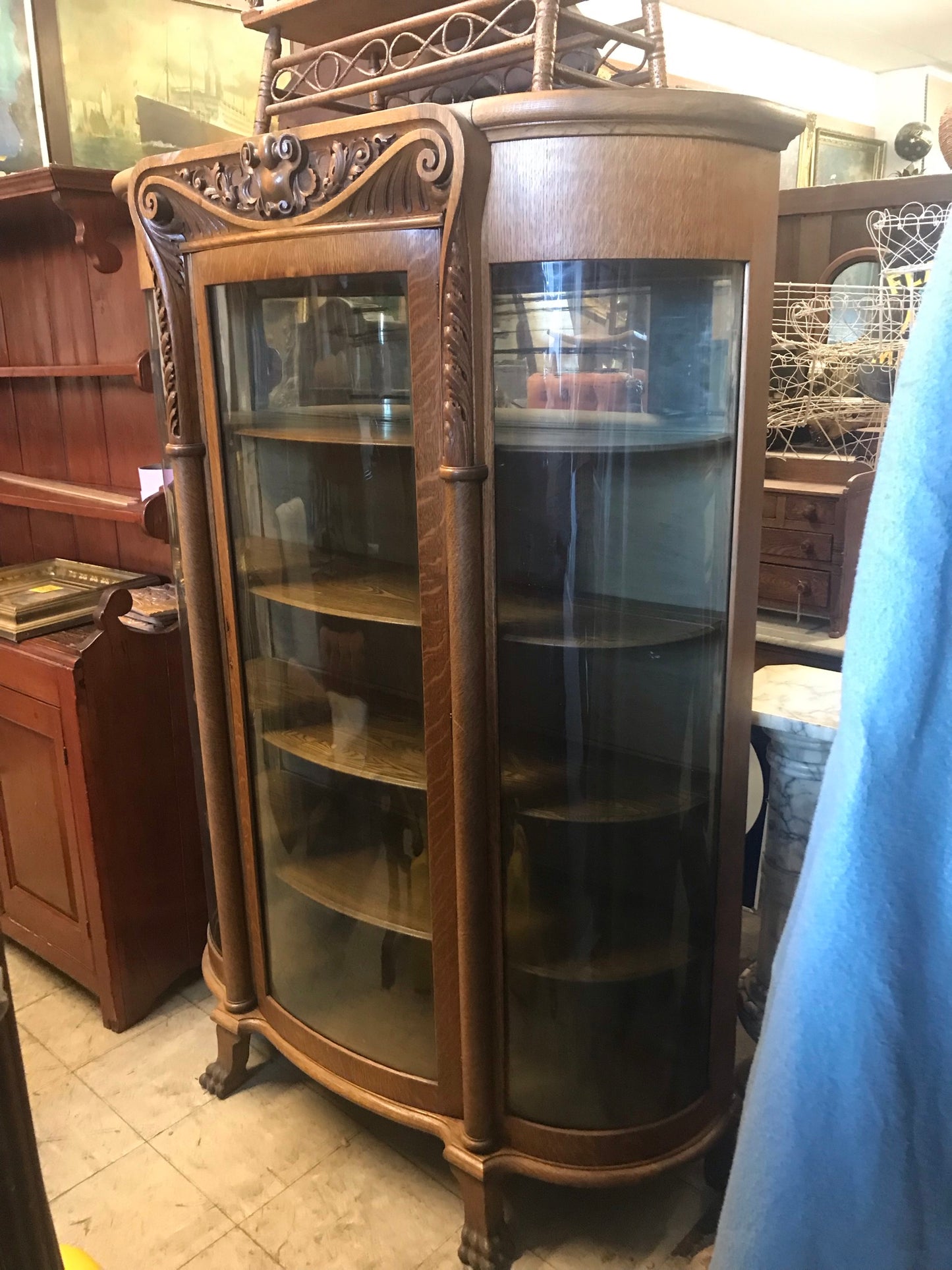 ANTIQUE OAK TRIPLE CURVED GLASS CHINA CABINET