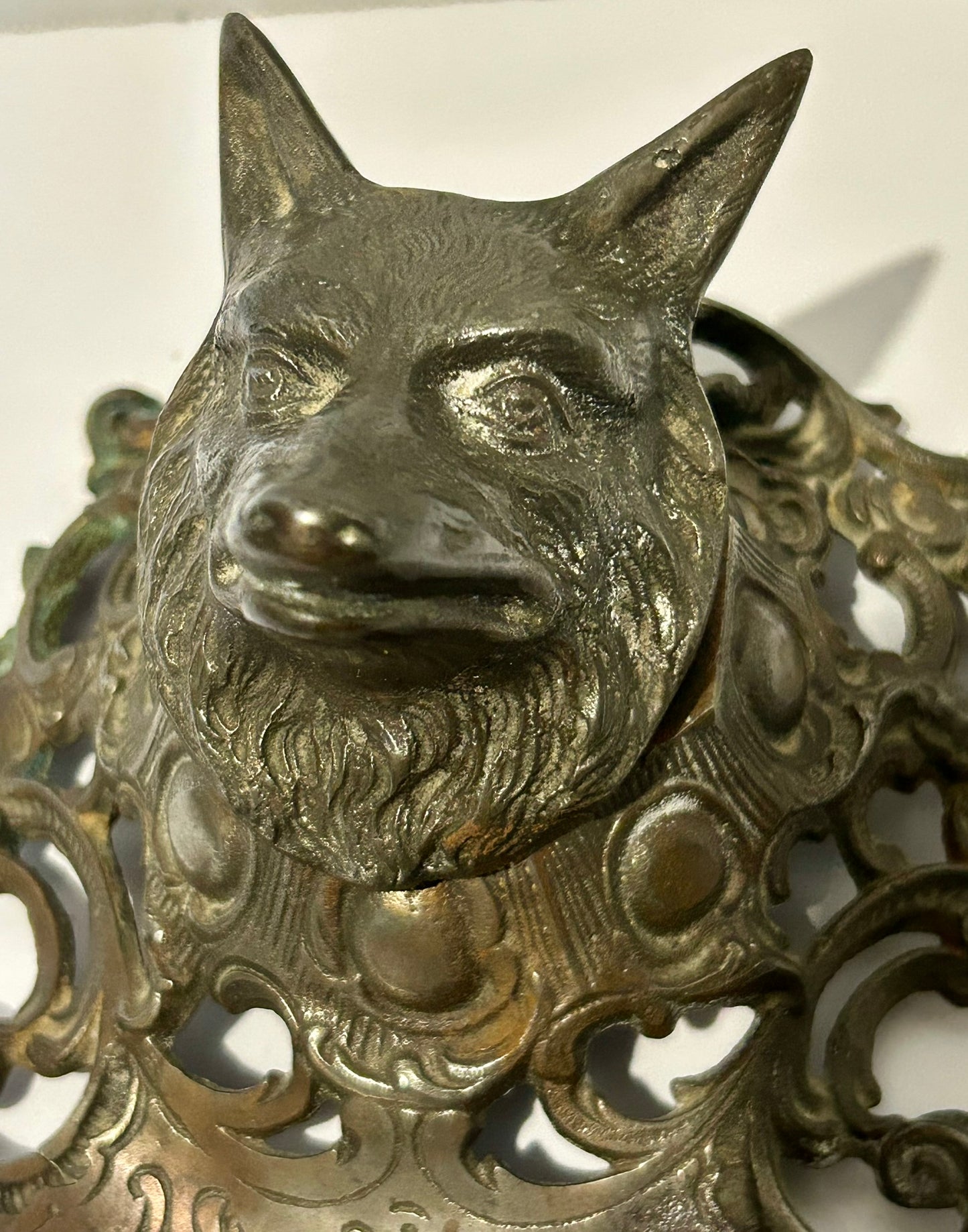 FIGURAL ANTIQUE METAL WOLF INK WELL