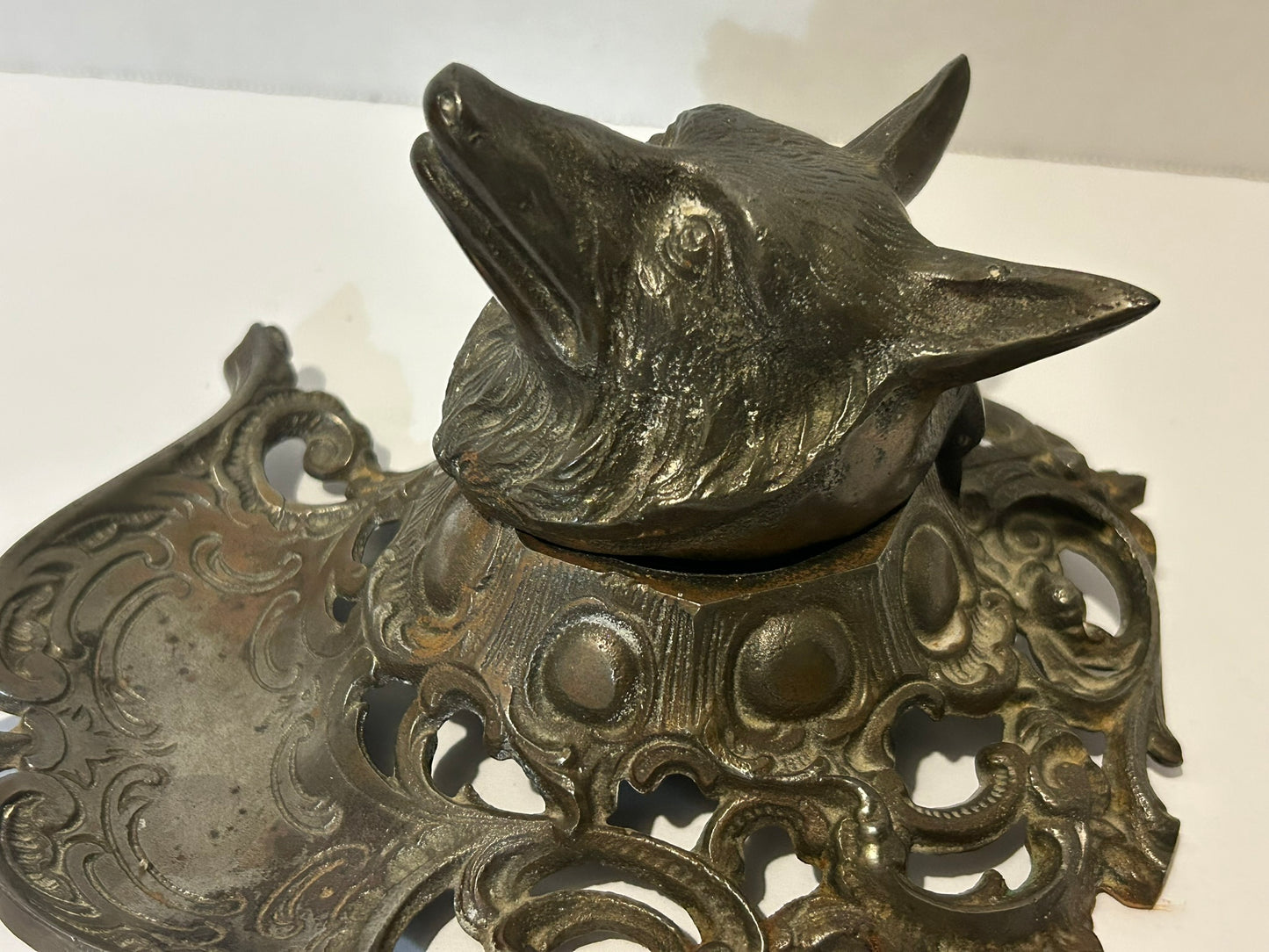 FIGURAL ANTIQUE METAL WOLF INK WELL