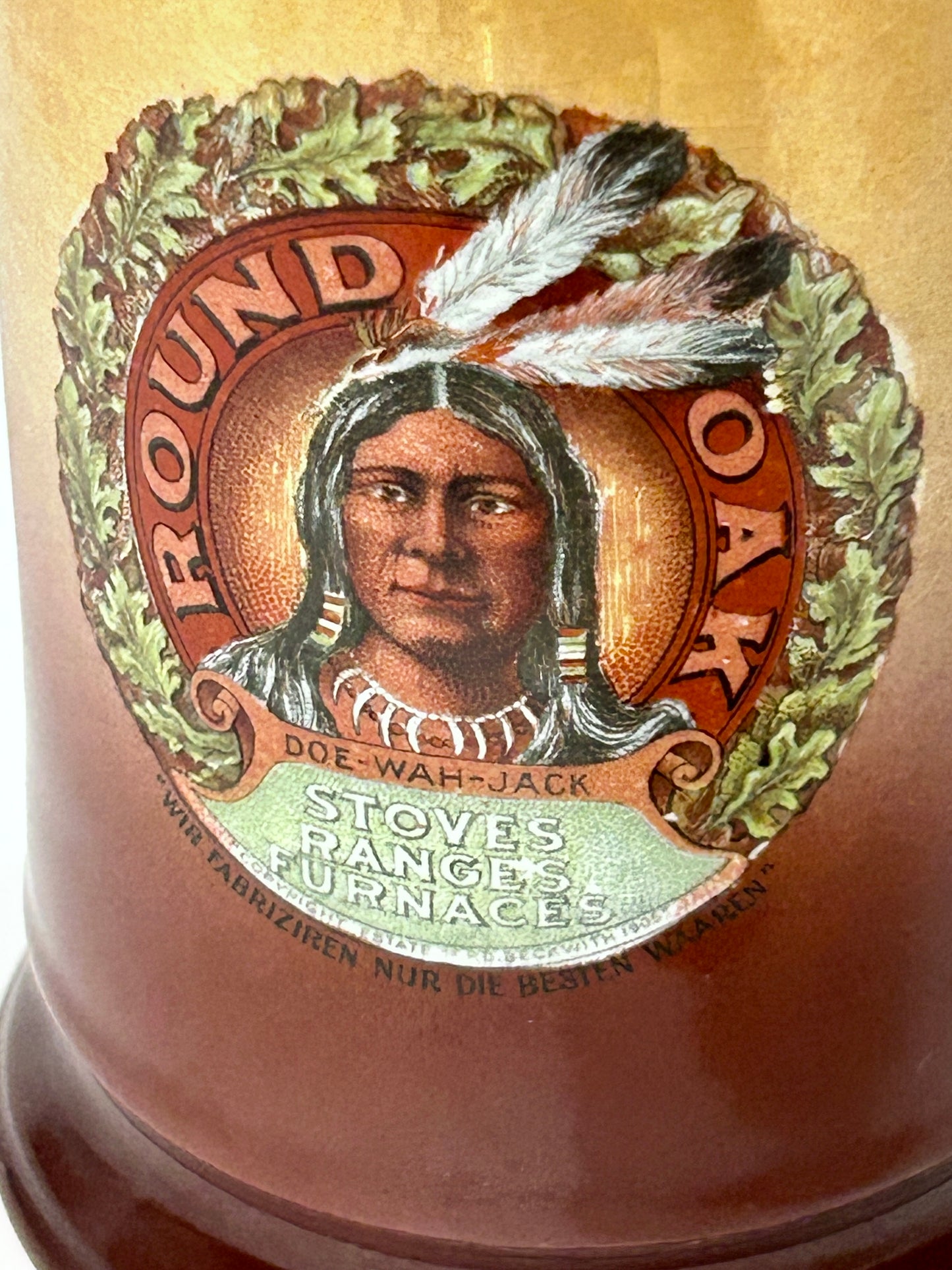 ROUND OAK STOVES ANTIQUE MUG WITH NATIVE AMERICAN DESIGN