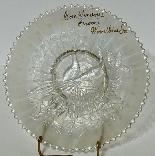 CARNIVAL GLASS WHITE PEACOCKS ON FENCE PLATE