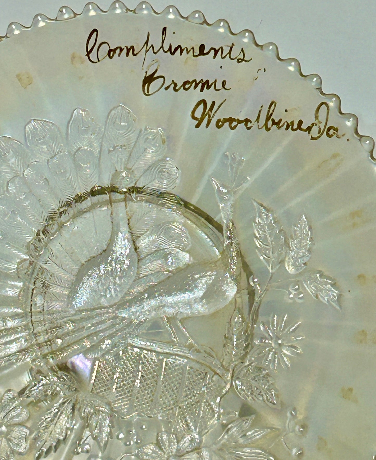 CARNIVAL GLASS WHITE PEACOCKS ON FENCE PLATE