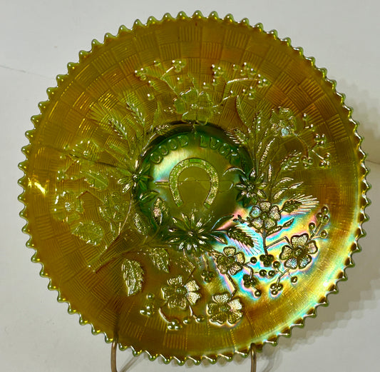 CARNIVAL GLASS GREEN GOOD LUCK PLATE