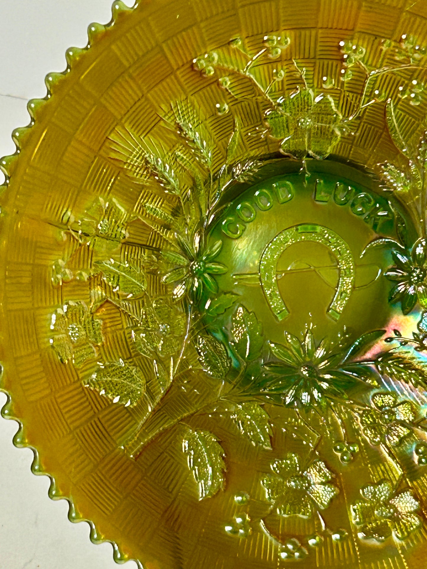 CARNIVAL GLASS GREEN GOOD LUCK PLATE