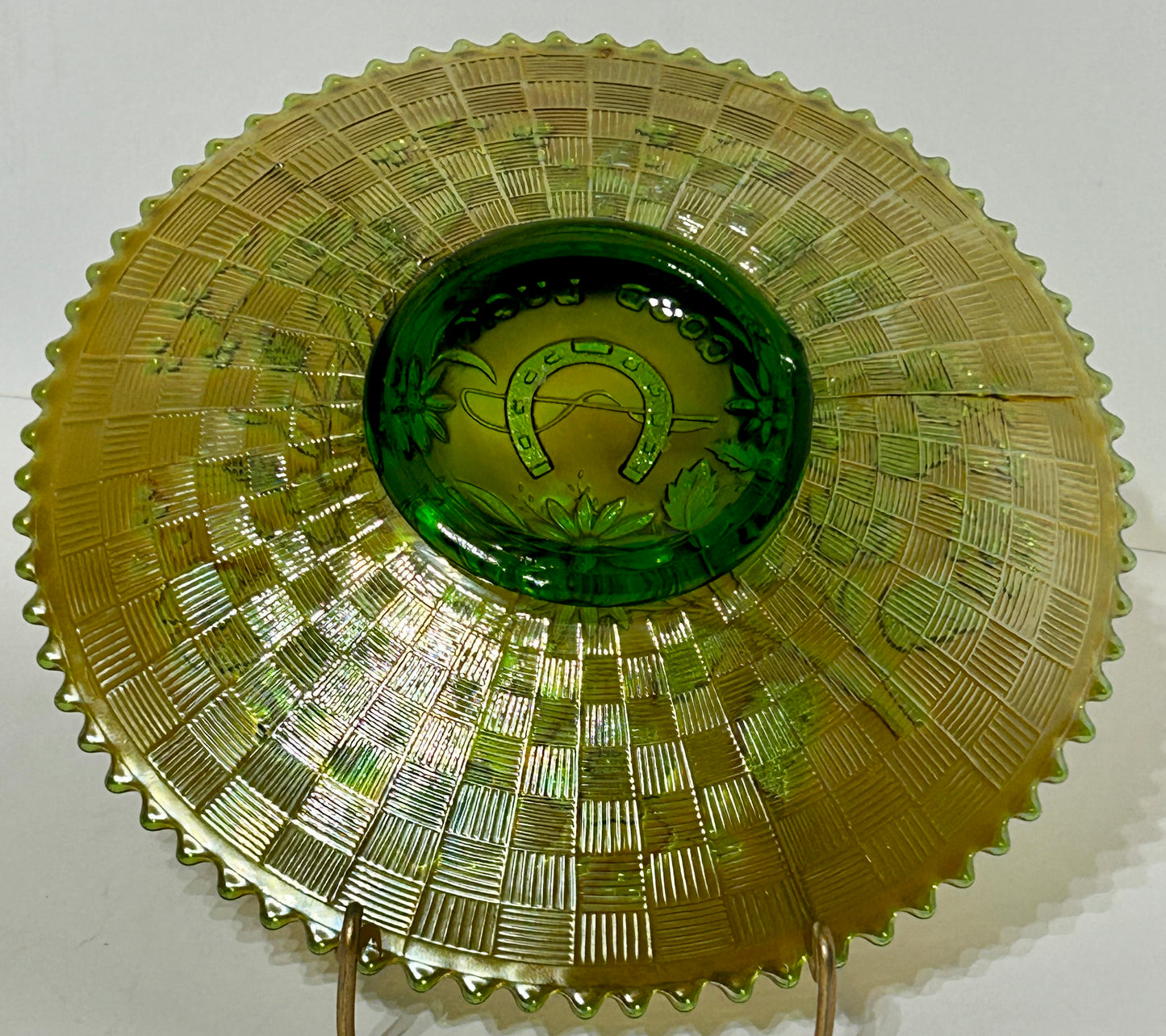CARNIVAL GLASS GREEN GOOD LUCK PLATE