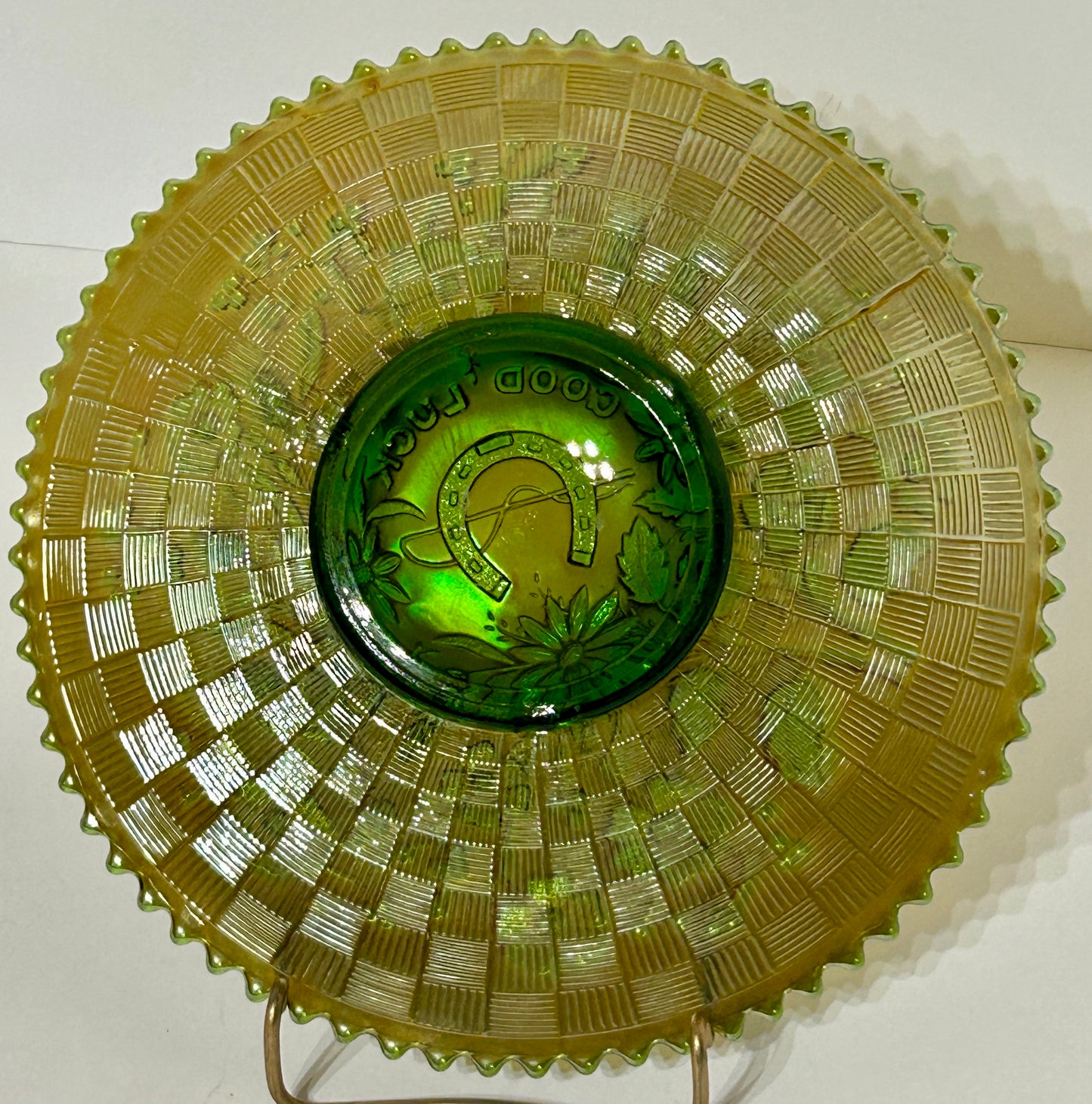 CARNIVAL GLASS GREEN GOOD LUCK PLATE