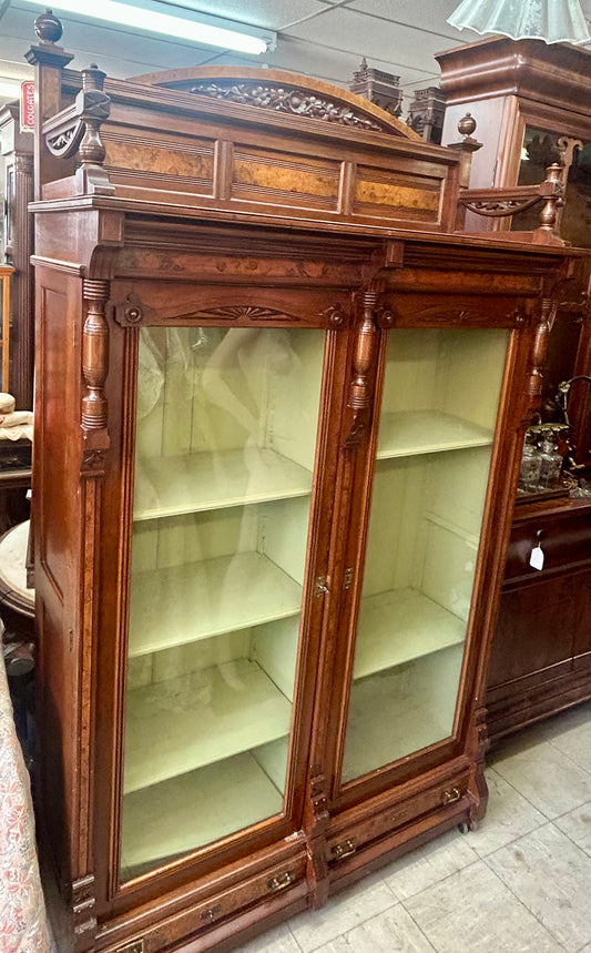 WALNUT VICTORIAN BOOKCASE WITH BURL ACCENTS