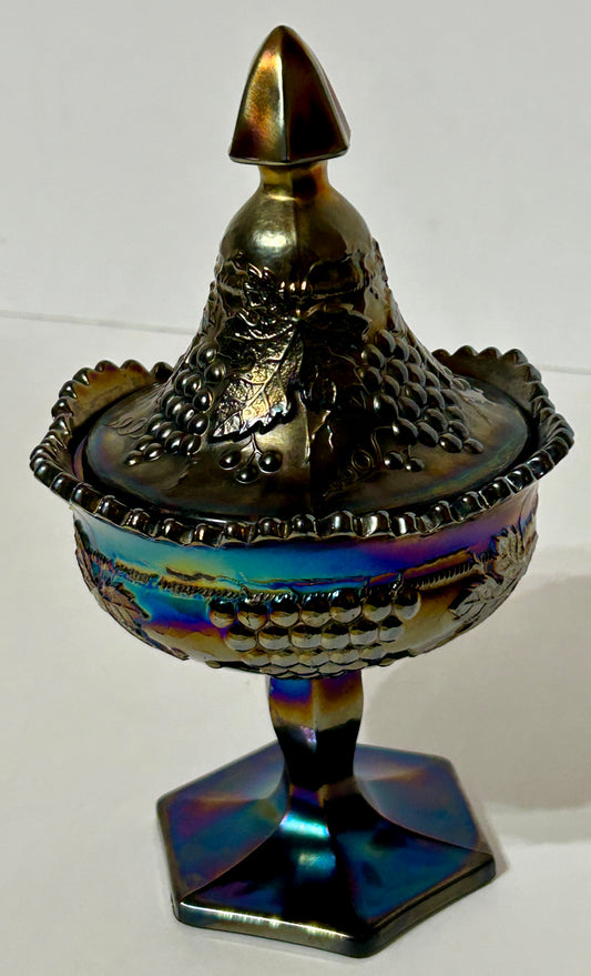 CARNIVAL GLASS GRAPE AND CABLE AMETHYST COVERED SWEETMEAT