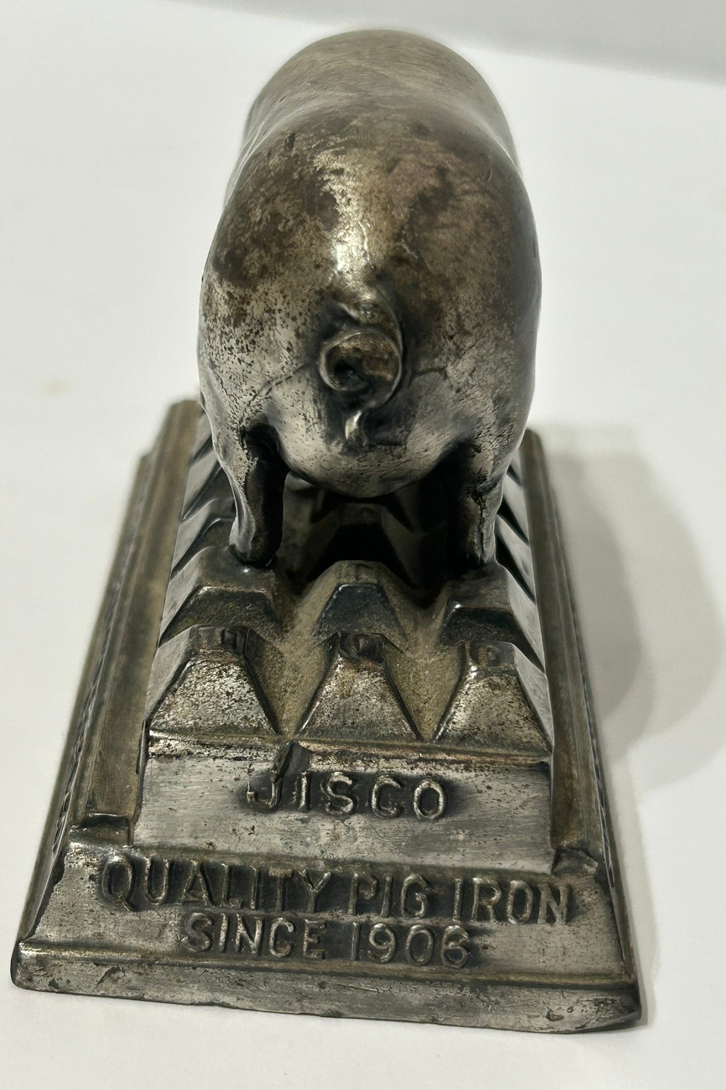 FIGURAL PIG CAST IRON ADVERTISING PAPERWEIGHT FOR JACKSON IRON AND STEEL