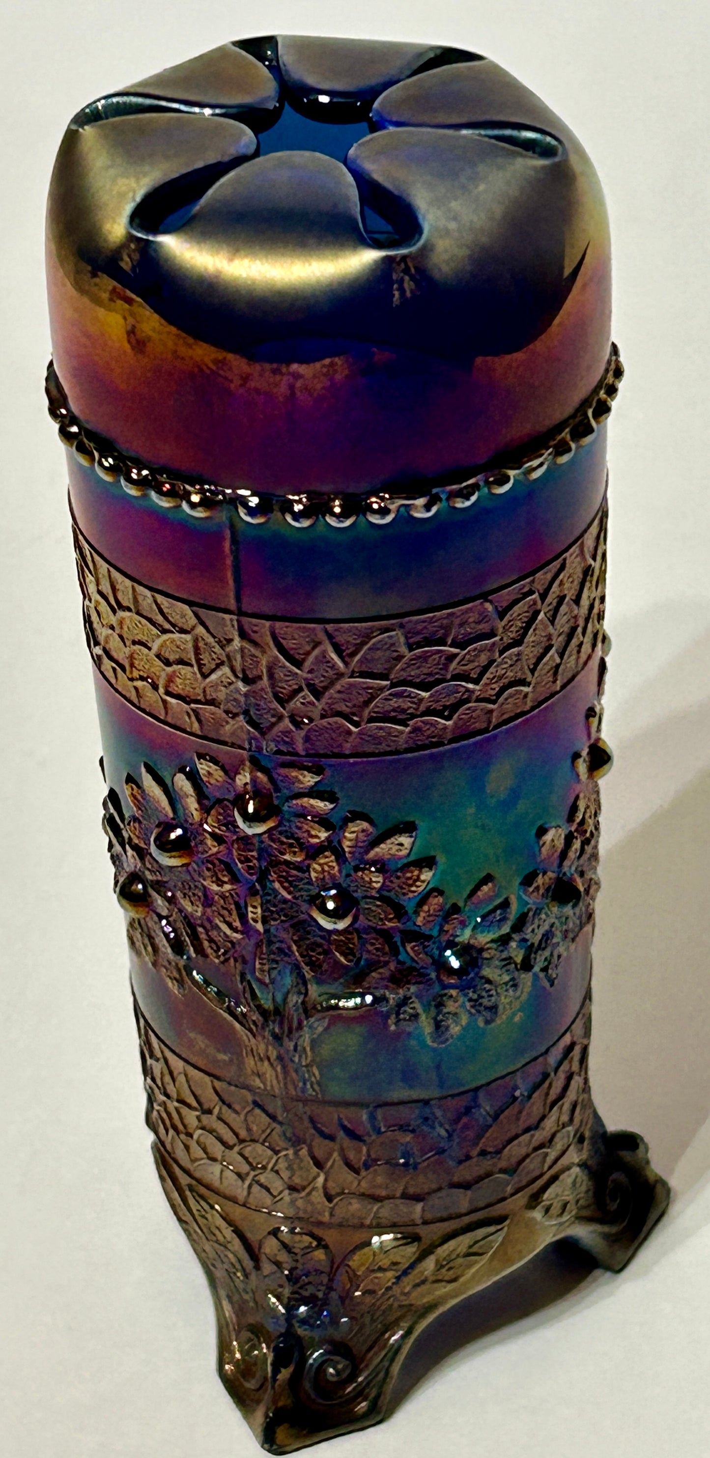 CARNIVAL GLASS ORANGE TREE PATTERN BLUE HAT PIN HOLDER